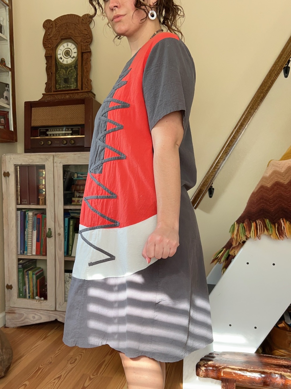 Vintage 90s Korean Color block abstract Zig zag Midi Chore Dress Pockets Large